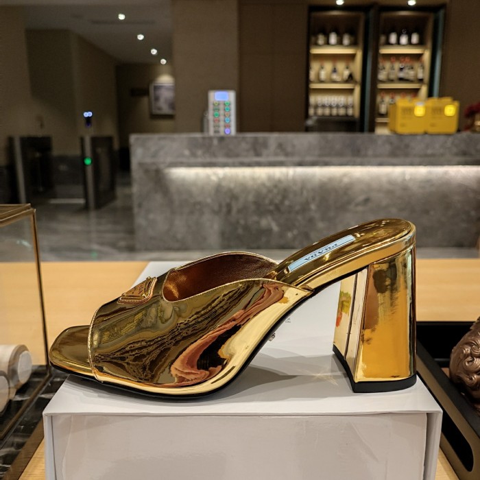 Satin Triangle Logo Block Heel Mules (Female)36-41=