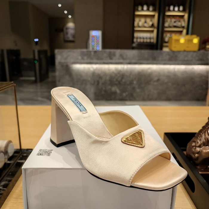 Satin Triangle Logo Block Heel Mules (Female)36-41=