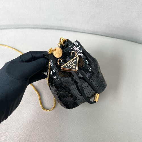 Black Sequined Satin Mini-Pouch“9.5*9*6CM”-086=