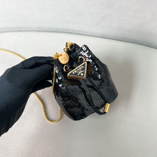 Black Sequined Satin Mini-Pouch“9.5*9*6CM”-086=