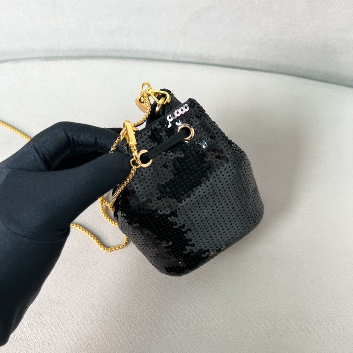 Black Sequined Satin Mini-Pouch“9.5*9*6CM”-086=