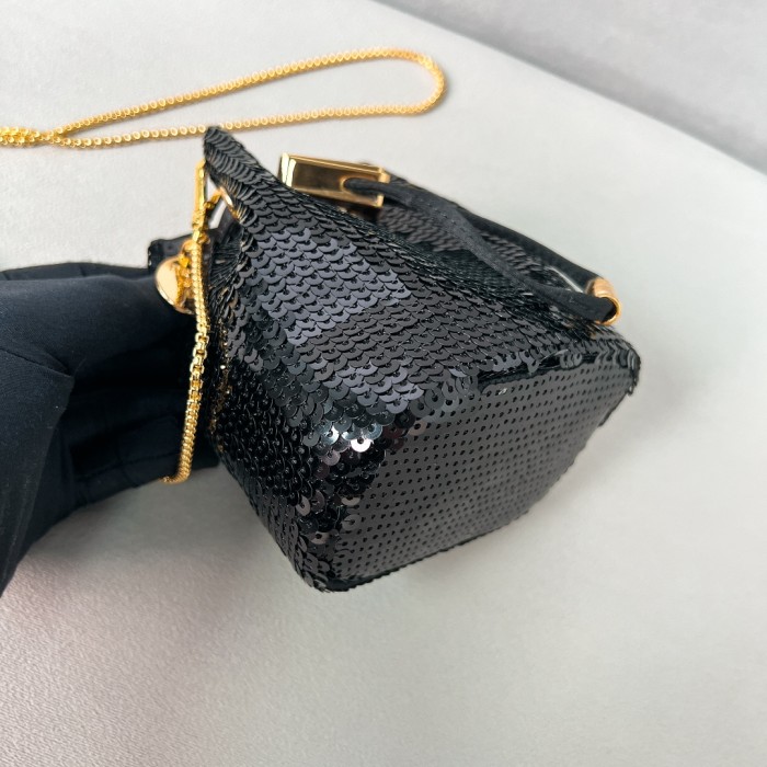 Black Sequined Satin Mini-Pouch“9.5*9*6CM”-086=