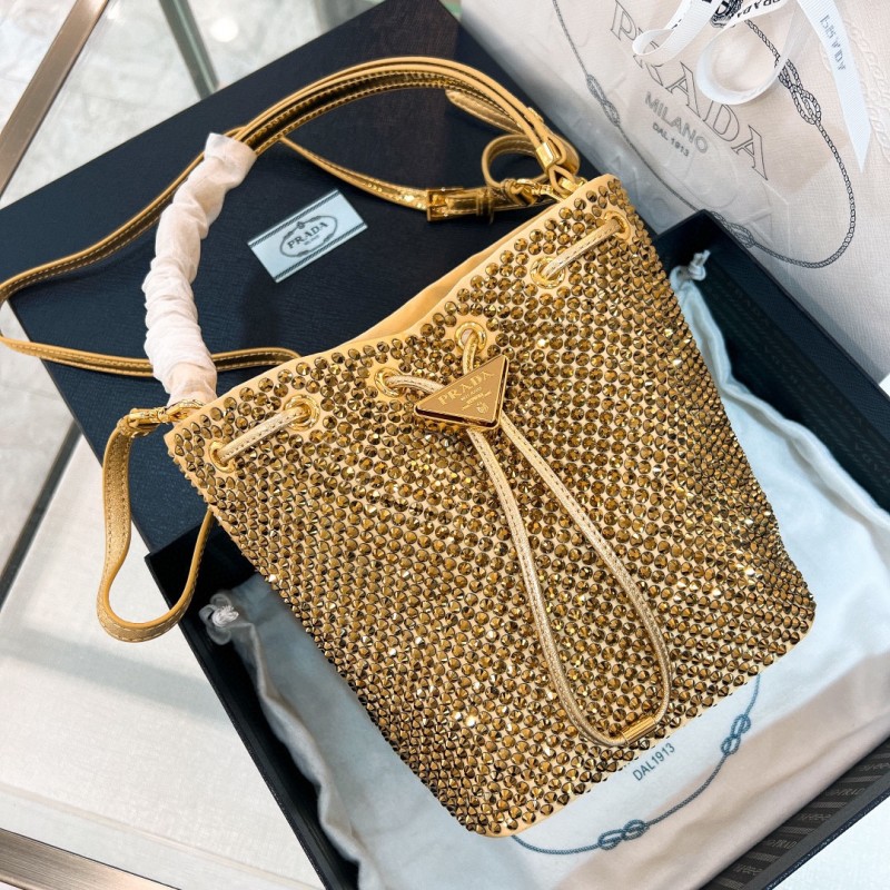 Crystal-Embellished Drawstring Bucket Bag“21*16*10CM”-089=