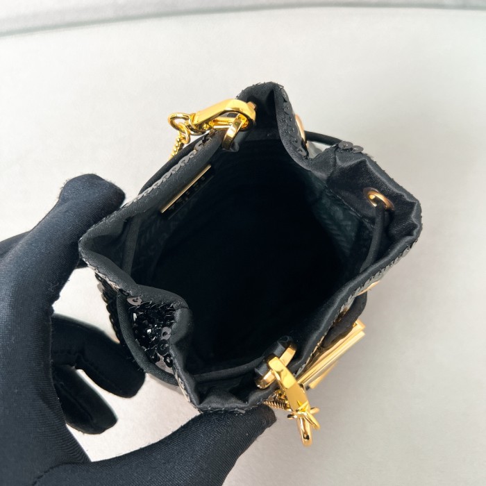 Black Sequined Satin Mini-Pouch“9.5*9*6CM”-086=