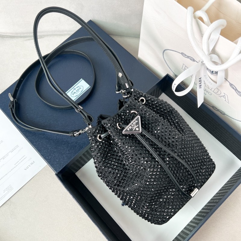 Crystal-Embellished Drawstring Bucket Bag“21*16*10CM”-089=