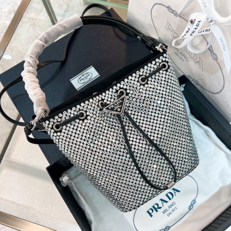 Crystal-Embellished Drawstring Bucket Bag“21*16*10CM”-089=