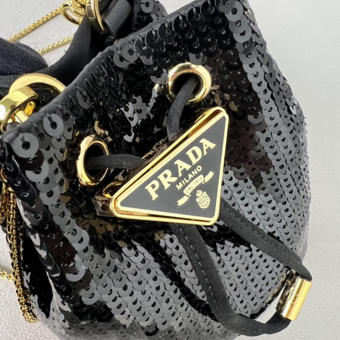 Black Sequined Satin Mini-Pouch“9.5*9*6CM”-086=