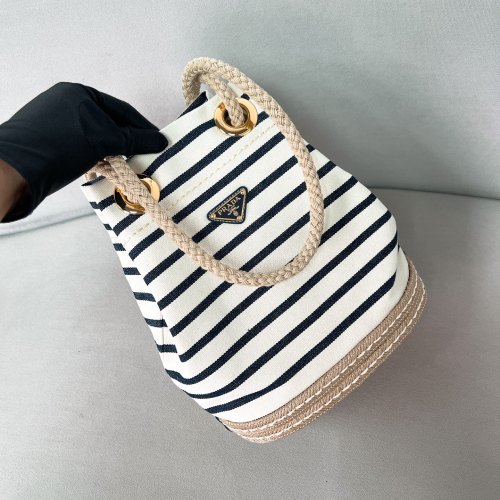 Mariner Striped cotton canvas small bucket bag“28*23.5*16.5CM”-088=