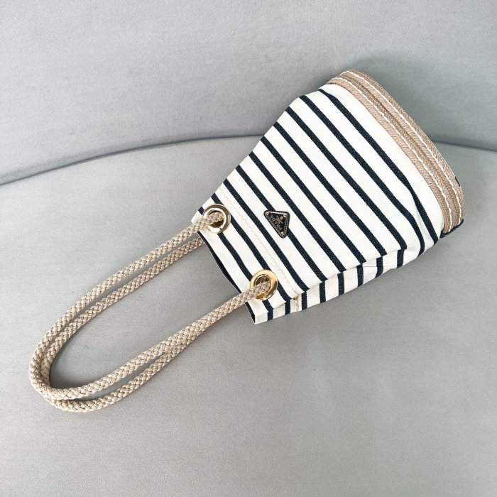 Mariner Striped cotton canvas small bucket bag“28*23.5*16.5CM”-088=