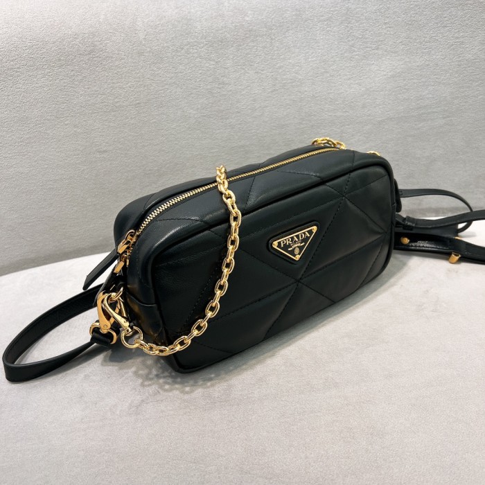 Black Quilted Leather Camera Bag“22*11*7CM”-088=