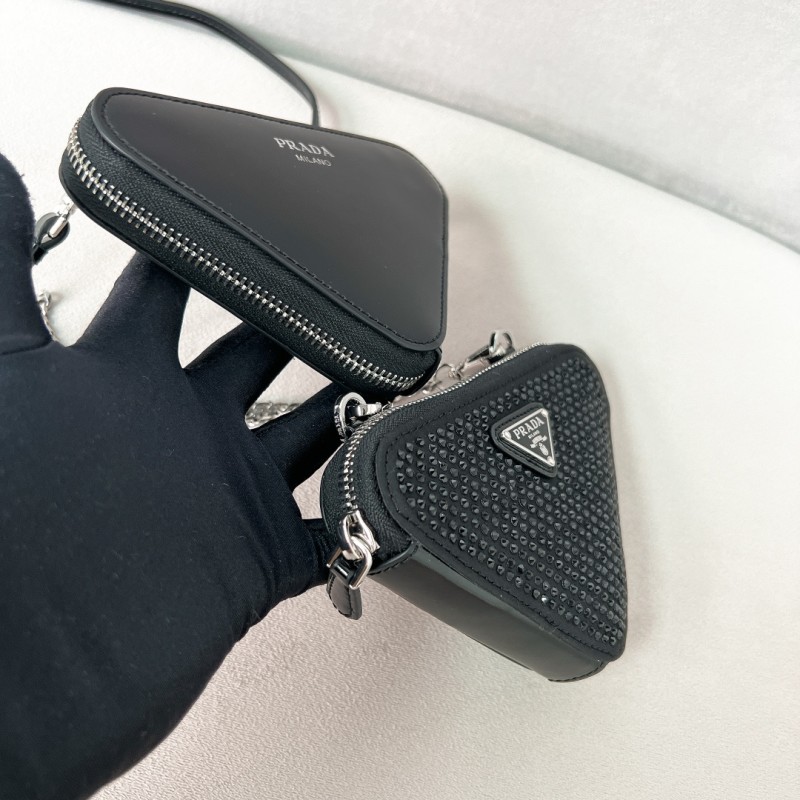 Triangular Embellished Satin And Leather Mini-Pouch“15*15*10CM”-087=