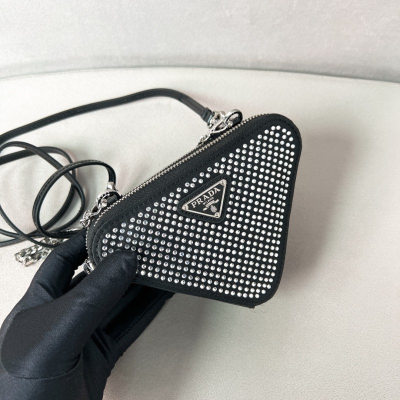 Triangular Embellished Satin And Leather Mini-Pouch“15*15*10CM”-087=