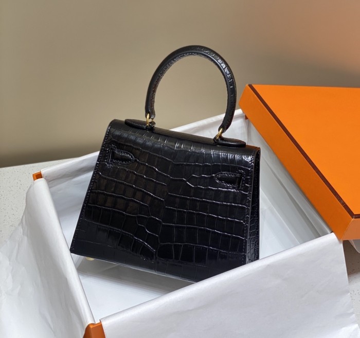 Kelly Bag in Porosus Crocodile“19*12*6CM”-0481=