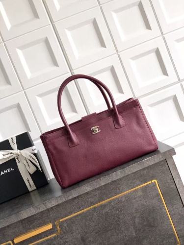 Burgundy Caviar Leather CC Logo Tote Bag“35*20*10CM”-028=