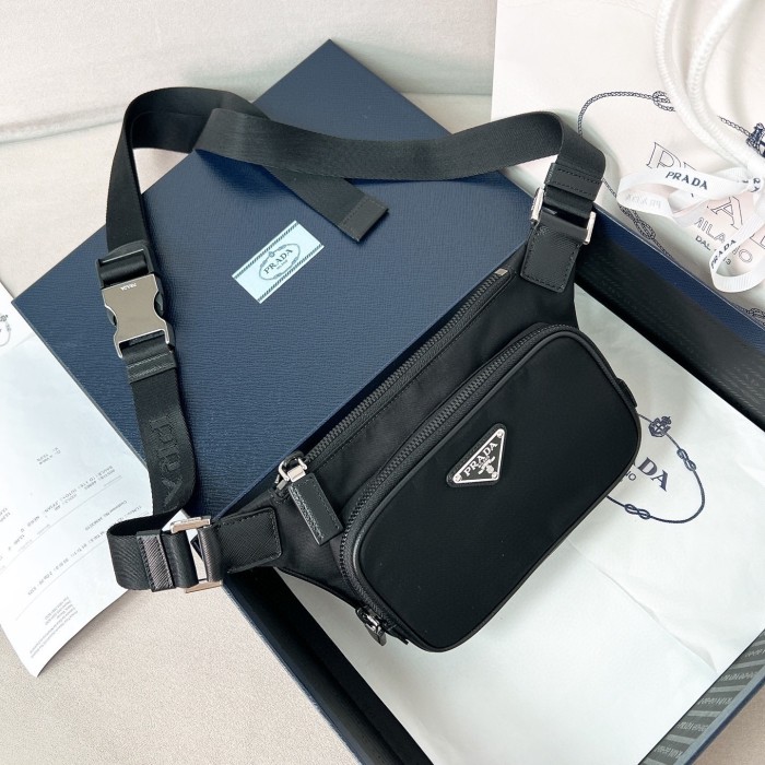 Re-Nylon and Saffiano leather belt bag“19*13*2.5CM”-085=