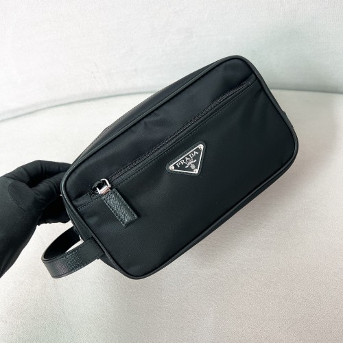 Re-Nylon and Saffiano Leather Travel Pouch“22*12.5*11CM”-085=