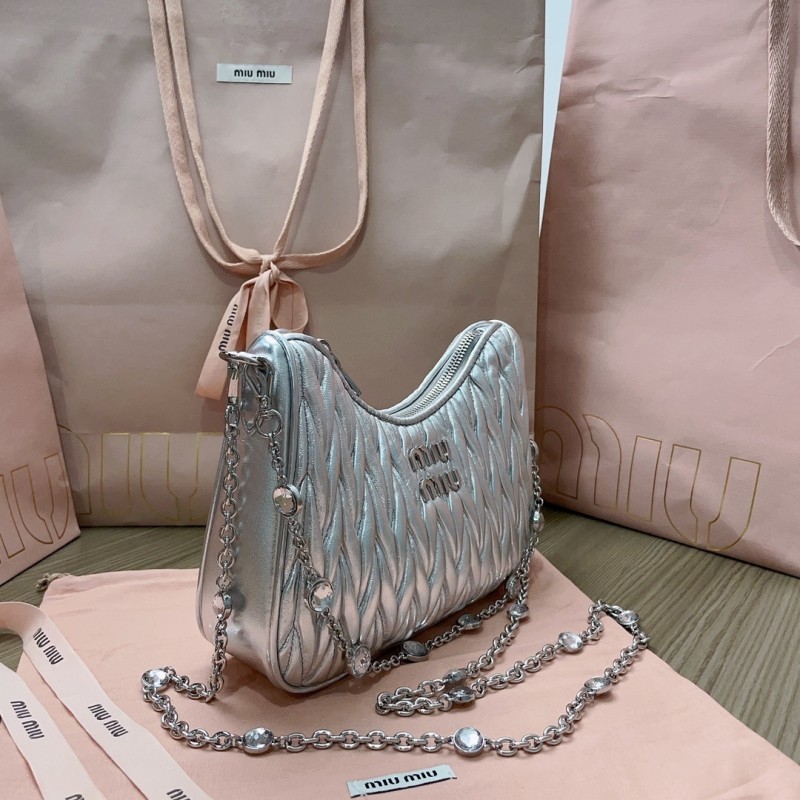 Silver Matelassé Nappa Leather Shoulder Bag“21*16.5*5.5CM”-089=