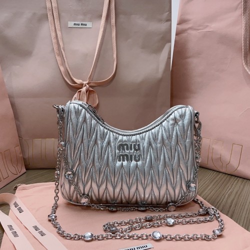 Silver Matelassé Nappa Leather Shoulder Bag“21*16.5*5.5CM”-089=