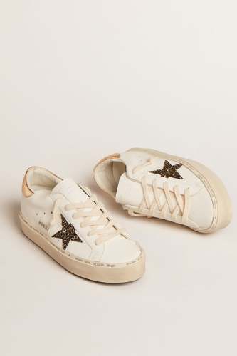 Golden Goose Hi Star Sneaker w. Leather Upper, Glitter Star and Laminated Heel - White/Black/Gold