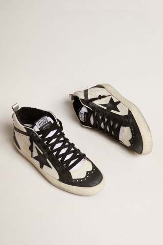 Golden Goose Mid Star Sneaker Bio Based Upper Star Wave and Spur and Laminated Heel - White/Black/Silver