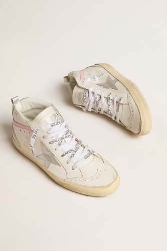 Golden Goose Mid Star Sneaker w. Leather Upper and Laminated Star - White/Silver/Pink