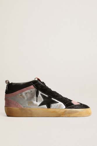 Golden Goose Mid Star Double Quarter Sneakers w. Laminated and Nappa Upper and Suede Toe, Star and Heel - Silver/Black/Antique Pink