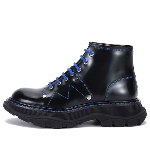 (WMNS) Alexander McQueen Contrast Stitch Tread Lace Up Boots 'Black Royal Blue' 595469WHZ881337