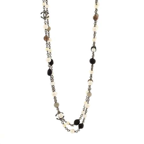 CC Coco Long Necklace Metal with Faux Pearl and Beads