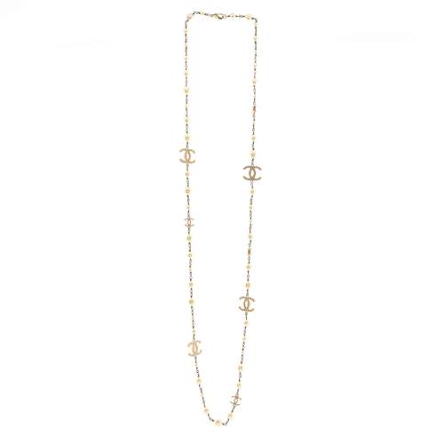 CC Station Long Necklace Metal with Faux Pearls