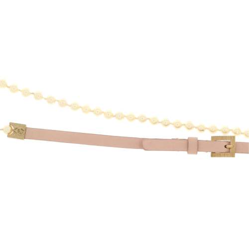CC Belted Strand Necklace Faux Pearls with Leather and Metal Thin