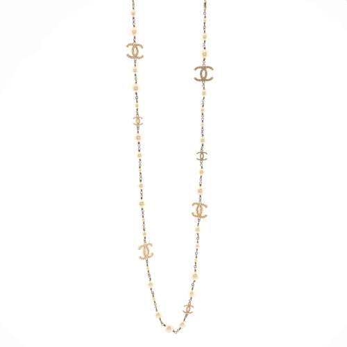 CC Station Long Necklace Metal with Faux Pearls