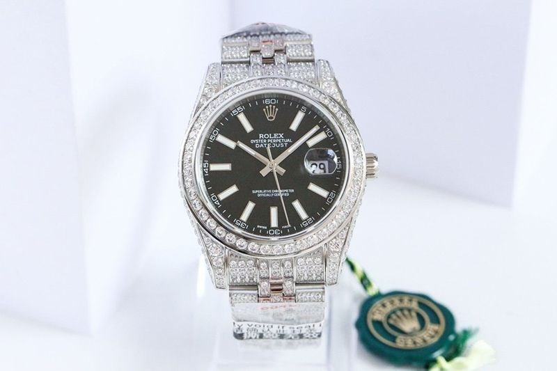 [送料無料] ロレックス 腕時計 偽物 デイトジャスト 41MM ブラック メンズ 全面ダイヤ rob06182