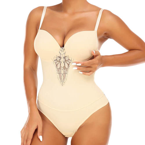 Women's Lace Bodysuit Shapewear With Built-In Bra Body Shaper Butt Lifter Tummy Control V-neck Tank Tops Shaper