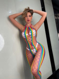 2023 Hot Rainbow Color Bodystocking Women Sexy Lingerie Fishnets Summer Vacation Outfit Hollow Sheer Stockings