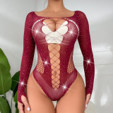 Rhinestone Long Sleeve Sheer Fishnet Lingerie