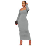 Women skims casual dress plain long sleeves square neck A-line slim knitted evening dress women maxi bodycon dress