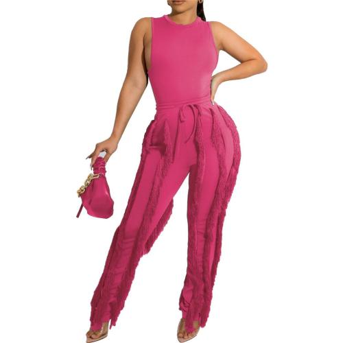 women's two-piece fringed trousers sleeveless casual tops lace summer sexy suit
