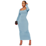 Women skims casual dress plain long sleeves square neck A-line slim knitted evening dress women maxi bodycon dress