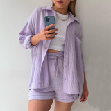 S-2XL Spring Wrinkle Polo Long Sleeve Shirt High Waist Drawstring Shorts Large Fashion Casual  shorts set women