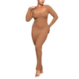 Women skims casual dress plain long sleeves square neck A-line slim knitted evening dress women maxi bodycon dress