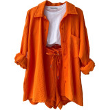 S-2XL Spring Wrinkle Polo Long Sleeve Shirt High Waist Drawstring Shorts Large Fashion Casual  shorts set women