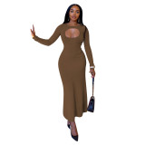 Fall 2023 Women Clothes Women Skims Casual Dress Plain Long Sleeves O Neck Slim Hollow Out Long Dress Women Maxi Bodyocn Dress