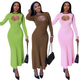 Fall 2023 Women Clothes Women Skims Casual Dress Plain Long Sleeves O Neck Slim Hollow Out Long Dress Women Maxi Bodyocn Dress