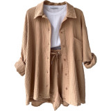 S-2XL Spring Wrinkle Polo Long Sleeve Shirt High Waist Drawstring Shorts Large Fashion Casual  shorts set women
