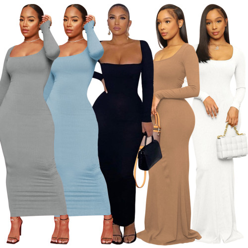 Women skims casual dress plain long sleeves square neck A-line slim knitted evening dress women maxi bodycon dress