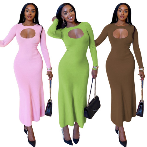 Fall 2023 Women Clothes Women Skims Casual Dress Plain Long Sleeves O Neck Slim Hollow Out Long Dress Women Maxi Bodyocn Dress