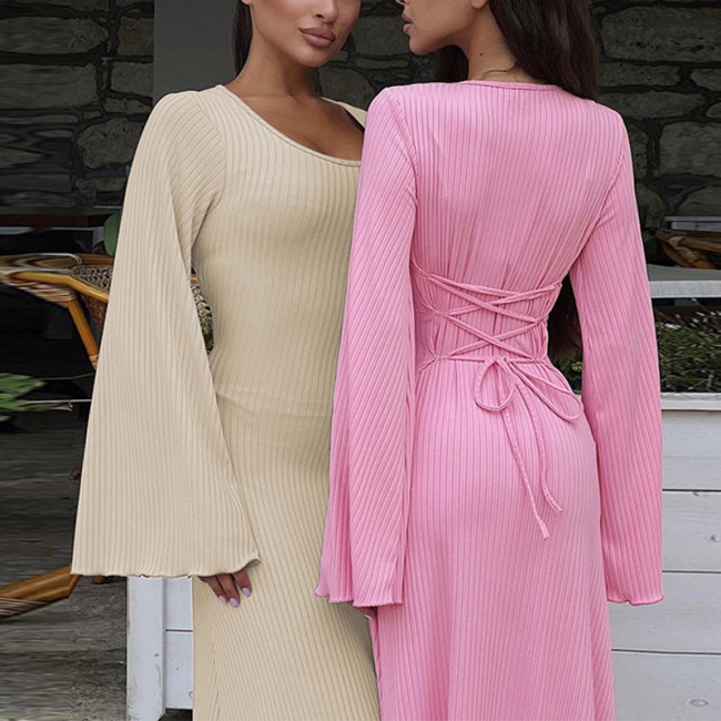Back-Strap Flared Long Sleeve High-Waist Ribbed Plus Size Maxi Dress