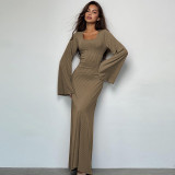 Back-Strap Flared Long Sleeve High-Waist Ribbed Plus Size Maxi Dress
