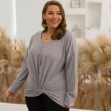 Cross-Border Hem Knot Loose Long-Sleeved Plus Size Blouse
