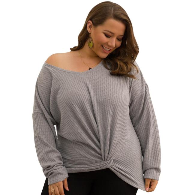 Cross-Border Hem Knot Loose Long-Sleeved Plus Size Blouse